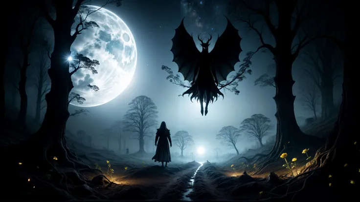 Masterpiece, best quality, sharp focus, extremely detailed, 8K HD, UHD. Mythical Nightscape - a path through a forest with lots of trees and flowers and glowing flowers on it at night time with lights shining on the trees, David Martin, magical atmosphere, mysterious shimmering angeldust in the air, an eerie shadow of a flying beastis temporarily seen against the full mooon, a detailed matte painting, magical realism, eerie, dark settings typical of gothic tales. ethereal lighting, god rays, floating dust particles. <lora:xl_more_art-full_v1:0.8>