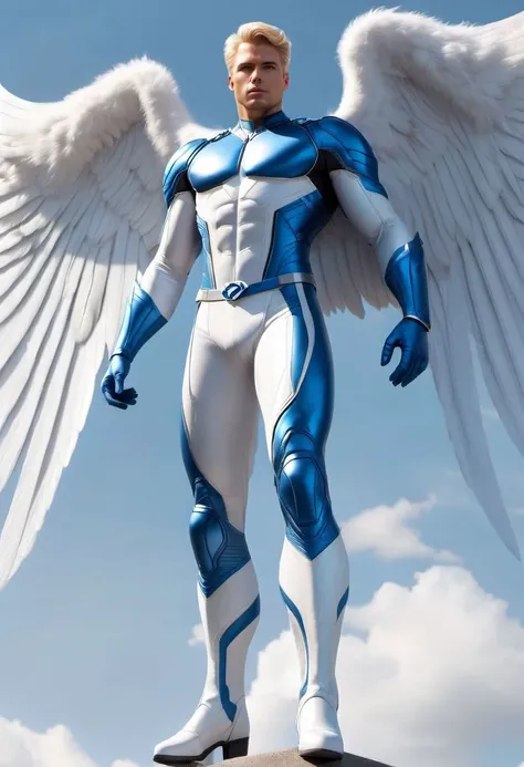 super realistic image, high quality uhd 8K, (1 angel man), angel x-men realistic x-men angel marvel, realistically detailed ((slim body, highly detailed)), ((short blonde hair)), (((x-men angel superhero uniform, white central color blue sides))), ((white boots and gloves)), (((highly detailed realistic))), (((giant, huge, immense, long angel wings))), ((flying through the sky)), real colors, standing,
