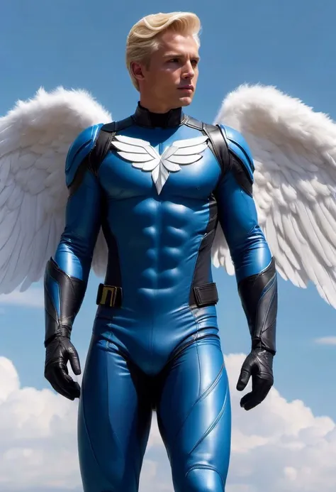 super realistic image, high quality uhd 8K, 1 angel man, angel x-men realistic x-men angel marvel, realistically detailed ((slim body, highly detailed)), ((short blonde hair)), (((x-men angel superhero uniform, white central color blue sides))), ((white boots and gloves)), (((highly detailed realistic))), (((giant, huge, immense, long angel wings))), ((flying through the sky)), real colors, standing,