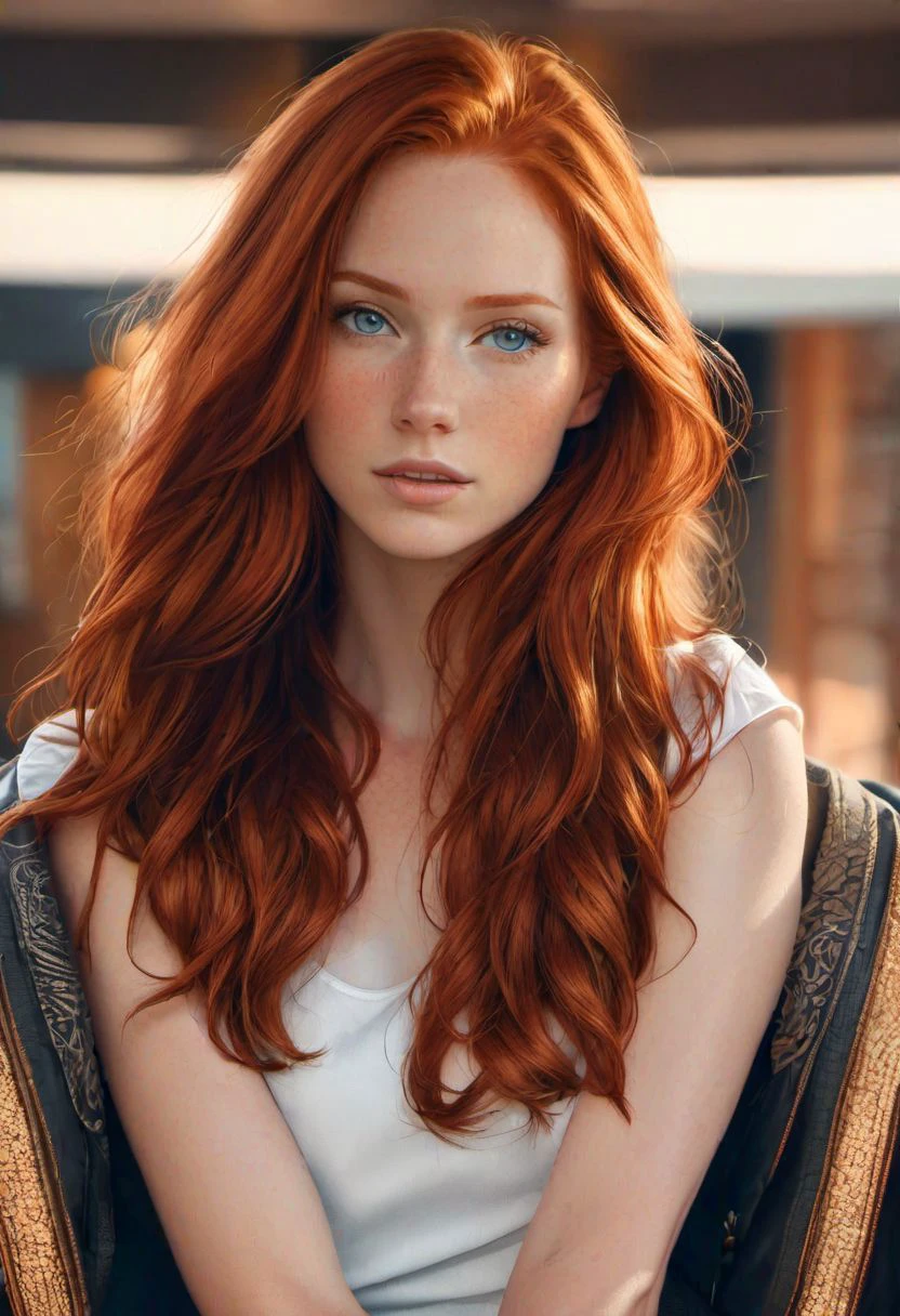 Super realistic image, high quality uhd 8K, of 1 girl, detailed realistic, redhead, long ginger hair, highly detailed realistic skin, (((face and shoulder portrait))), real and vivid colors