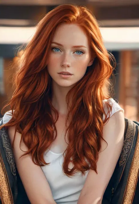 Super realistic image, high quality uhd 8K, of 1 girl,  detailed realistic, redhead, long ginger hair, highly detailed realistic skin, (((face and shoulder portrait))), real and vivid colors