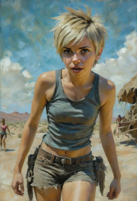 ((anime oil painting)), ((pretty girl)), (very-short messy emo-cut hair), (((side view from below))), (((petite short gymnastic cute angry half-Hungarian/Israeli girl ready to fight at Apache village at dusk in desert))), ((sweaty skin)), ((wearing Apache clothing)), ((wearing Apache accoutrements)), ((wide-stance)),
((detailed vagina)), (((clitoris))), ((detailed vulva)), bending legs, (small bubble-butt), (((spine)), ((narrow hips)), (((toned powerful thighs))),
(short messy blonde emo-cut hair with undercut), (((upturned pixie-nose))), ((feisty cute expression)). ((dimples)), (dark eyes),
(((detailed large puffy nipples))), ((upturned pointed pixie-boobs)), ((Apache territory in background)), ((action)), Intricate textures, (high detailed skin:1.7),