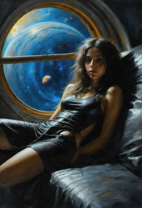 (((classical painting))), futuristic sci-fi,  (((candid))), (Long Shot from above)), ((cute shy Bohemian hippy goth-girl relaxing in her space-dock bedroom)),  ((armpits)), ((dimples)), (looking down), (pert ass), ((window)), (dark space), (subtle galaxy), (((appropriate shadowing))), ((appropriate direction of light)), (Intricate textures:1.5), (high detailed skin:1.7),