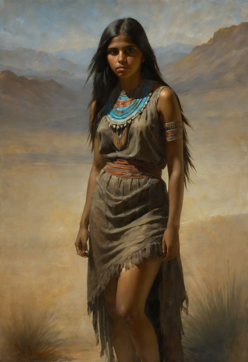 (((classical oil painting))), (Long Shot)), shy cute Apache girl showing thigh, (poised), ((one breast exposed)), dark eyes, loose thin dress, 19th century artist's muse, sitting in front of hazy cloth backdrop, (((appropriate shadowing))), ((appropriate direction of light)), (Intricate textures:1.5), (high detailed skin:1.7),