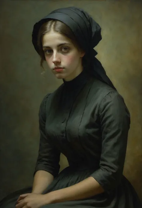 (((classical oil painting))), (Long Shot)), shy Amish girl showing thigh, (poised), ((one breast exposed)), dark eyes, 19th century artist's muse, sitting in front of hazy cloth backdrop, (((appropriate shadowing))), ((appropriate direction of light)), (Intricate textures:1.5), (high detailed skin:1.7),