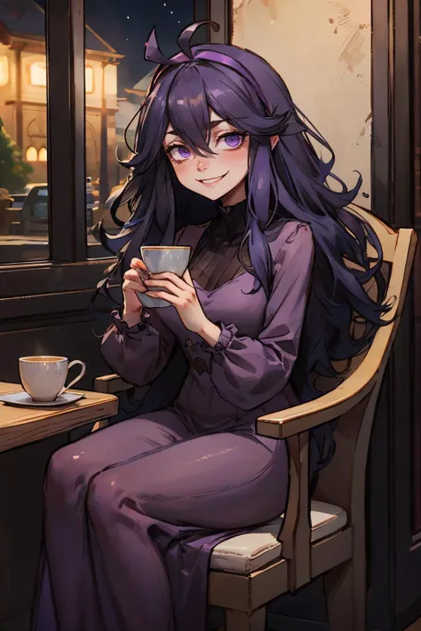 hex maniac, long purple hair, ahoge, purple hairband, purple eyes, long dress, looking at viewer, serious, ebil grin, sitting, on chair, inside cafe, holding tea cup, dark, night time, high quality, masterpiece <lora:Hex_Maniac_Pokemon_v2:.8>