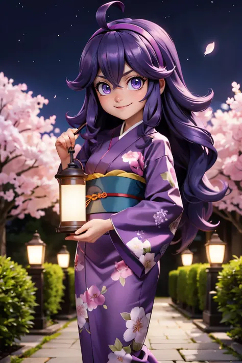 hex maniac, long purple hair, ahoge, purple hairband, purple eyes, traditional kimono, long sleeves, sash, looking at viewer, serious, evil grin, standing, holding lantern, outside, garden, cherry blossoms, night time, high quality, masterpiece <lora:Hex_Maniac_Pokemon_v2:.8>