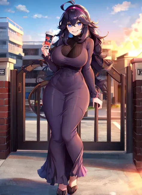 ((best quality)), ((highly detailed)), masterpiece, absurdres, extremely detailed face, beautiful face, (detailed eyes, deep eyes), (1girl), full body, <lora:Hex_Maniac_Pokemon:.7>, Hex_Maniac_Pokemon, black hair, long messy hair, ahoge, purple headband, dark blue eyes, @_@, large breasts, wide hips, thick thighs, smiling, (creepy smile), purple, long sleeved turtleneck sweater dress, (maxi dress), bottomless, (<lora:school_outdoors_v0.2:1>, at a school, building, gate, fence, sunset)