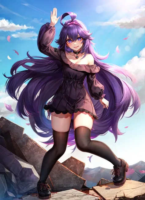 ((best quality)), ((highly detailed)), masterpiece, absurdres, (detailed eyes, deep eyes), (1girl), dynamic pose, full body, <lora:hairdetailer:1>, <lora:Hex_Maniac_Pokemon:.7>, Hex_Maniac_Pokemon, dark purple hair, long messy hair, ahoge, purple headband, black eyes, @_@, small breasts, smiling, purple, off shoulder sweater dress, cleavage, black choker, thighhighs, (on a volcano, midday)