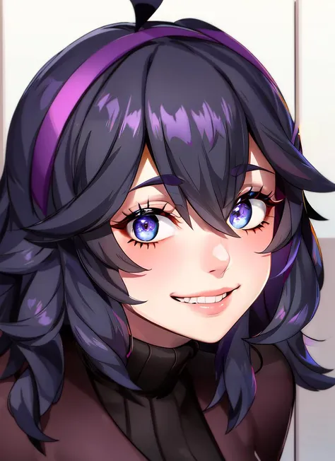 ((best quality)), ((highly detailed)), masterpiece, absurdres, extremely detailed face, beautiful face, (detailed eyes, deep eyes), (1girl), upper body, <lora:Hex_Maniac_Pokemon:.7>, Hex_Maniac_Pokemon, black hair, long messy hair, ahoge, purple headband, black eyes, @_@, small breasts, smiling, (creepy smile), purple, long sleeved turtleneck sweater dress, bottomless, (inside, at an office, office lady)