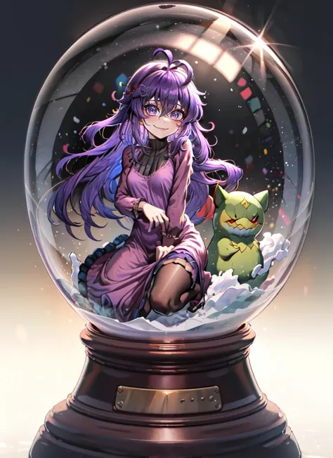 ((best quality)), ((highly detailed)), masterpiece, absurdres, (detailed eyes, deep eyes), <lora:more_details:.3>, (1girl), <lora:snow_globe:.9>, snow_globe, in container, <lora:Hex_Maniac_Pokemon:.7>, Hex_Maniac_Pokemon, dark purple hair, long hair, messy hair, ahoge, purple headband, purple eyes, @_@, small breasts, smiling, purple long dress, (maxi dress), long sleeves, pantyhose, (outside, in a wild west town, noon)