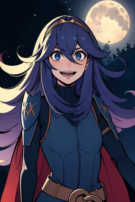 masterpiece, best quality,   <lora:Hex_Maniac_Pokemon:0.8> Hex_Maniac_Pokemon, chiaroscuro shading, night, moon, halloween, crazy eyes, spiral eyes, upper body, smile, open mouth, blue eyes, <lora:lucina-fef:1> thigh boots, leggings, armor, shoulder armor, long sleeves, tiara, cape, belt, standing