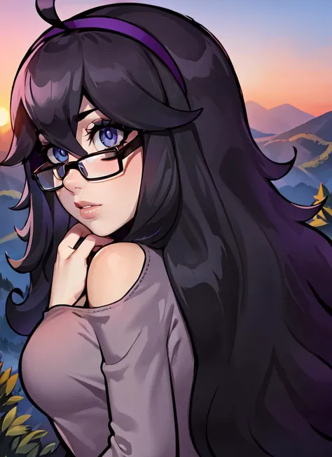 ((best quality)), ((highly detailed)), masterpiece, absurdres, detailed face, beautiful face, (detailed eyes, deep eyes), (1girl), (glasses), from behind, looking back, full body, (((wide shot))), <lora:Hex_Maniac_Pokemon:.7>, Hex_Maniac_Pokemon, black hair, long messy hair, ahoge, purple headband, <lora:gothgirl:.65>, goth girl, goth makeup, gothic style, (outside, on a mountain, sunset), <lora:LoodnCroodv2:.6>