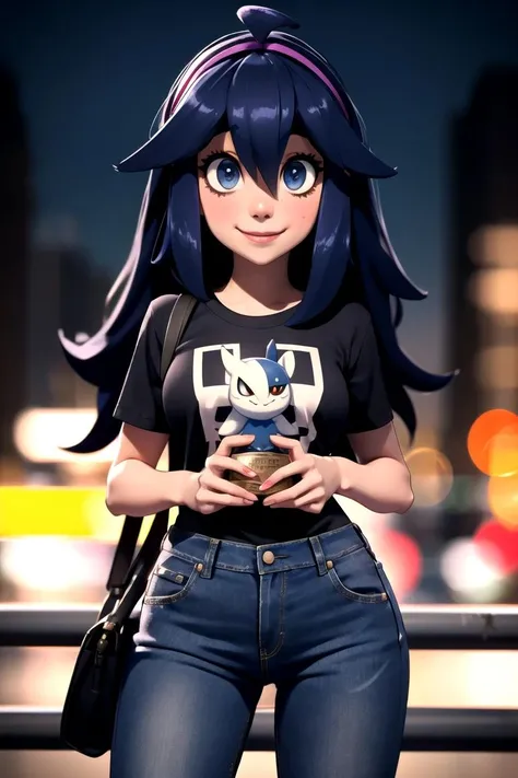 centered, award winning upper body portrait, cowboy shot, (looking at viewer:1.2), | solo, standing, smile, Hex_Maniac_Pokemon, tshirt, denim jeans, | city, urban scenery, city lights,| bokeh, depth of field, cinematic composition, |  dynamic pose, <lora:Hex_Maniac_Pokemon:0.6>