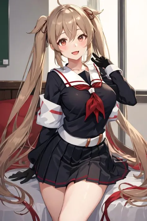 best quality, masterpiece, highres, solo, {murasame_kantaicollection:1.15}, long_hair, light_brown_hair, brown_eyes, red_eyes, ribbon, smile, serafuku, hair_ribbon, black_serafuku, breasts, twintails, two_side_up, hair_flaps, hair_ornament, 1girl, school_uniform, looking_at_viewer, neckerchief, open_mouth, red_neckerchief