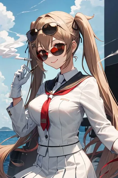 best quality, masterpiece, highres, solo, {black business suit:1.40}, {tie:1.20}, {sunglasses:1.25}, {white gloves:1.15}, {white shirt:1.10}, {black skirt:1.15}, {smoking:1.20}, handsome, {murasame_kantaicollection:1.15}, long_hair, light_brown_hair, brown_eyes, red_eyes, ribbon, smile, serafuku, hair_ribbon, black_serafuku, breasts, twintails, two_side_up, hair_flaps, hair_ornament