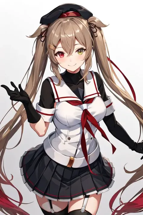 best quality, masterpiece, highres, solo, {murasame_kantaicollection:1.15}, long_hair, light_brown_hair, brown_eyes, red_eyes, ribbon, smile, serafuku, hair_ribbon, black_serafuku, breasts, twintails, two_side_up, hair_flaps, hair_ornament, 1girl, asymmetrical_clothes, beret, black_headwear, black_skirt, gloves, hairclip, hat, heterochromia, looking_at_viewer, neckerchief, pleated_skirt, red_neckerchief, school_uniform, skirt, white_gloves, gradient_hair, large_breasts, multicolored_hair, sailor_collar, simple_background, white_background