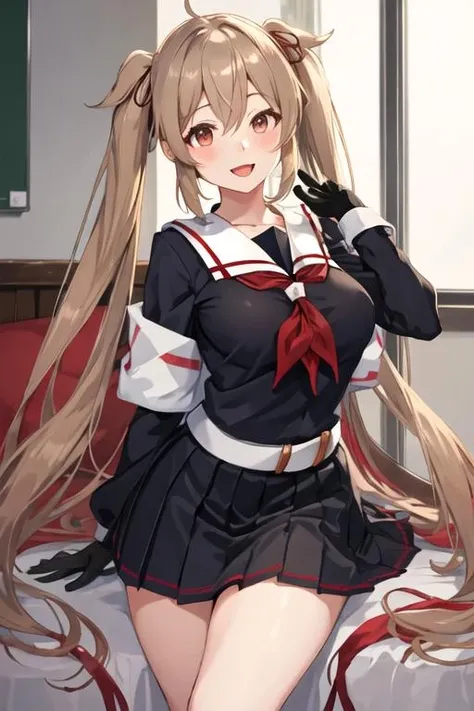 best quality, masterpiece, highres, solo, {murasame_kantaicollection:1.15}, long_hair, light_brown_hair, brown_eyes, red_eyes, ribbon, smile, serafuku, hair_ribbon, black_serafuku, breasts, twintails, two_side_up, hair_flaps, hair_ornament, 1girl, school_uniform, looking_at_viewer, neckerchief, open_mouth, red_neckerchief
