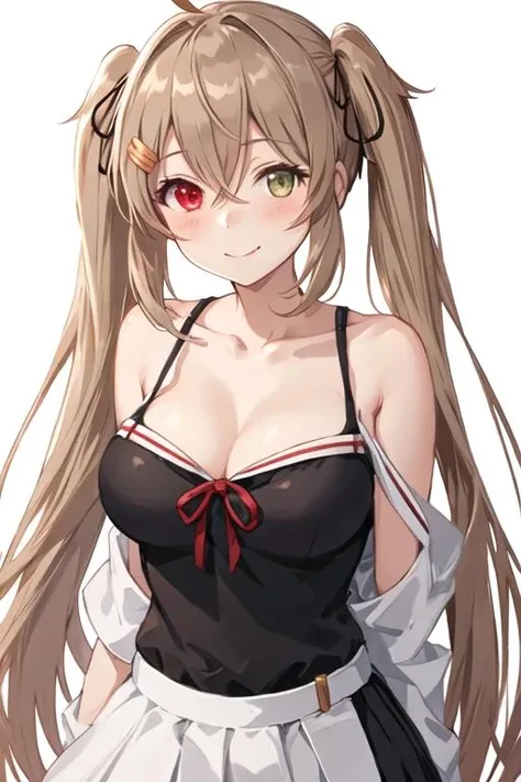 best quality, masterpiece, highres, solo, {murasame_kantaicollection:1.15}, long_hair, light_brown_hair, brown_eyes, red_eyes, ribbon, smile, serafuku, hair_ribbon, black_serafuku, breasts, twintails, two_side_up, hair_flaps, hair_ornament, 1girl, blush, collarbone, looking_at_viewer, alternate_costume, hair_between_eyes, heterochromia, simple_background, upper_body, white_background, ahoge, closed_mouth
