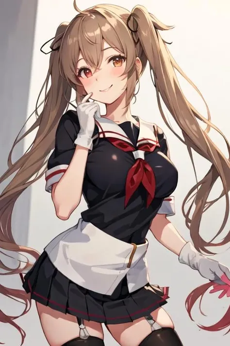 Highest quality, masterpiece, High resolution, 一人in, {Murasame_Fleet Collection:1.15}, length_hair, Light_brown_hair, brown_eye, red_eye, ribbon, smile, Seraphim, hair_ribbon, black_Seraphim, chest, Twin tails, two_~ side_superior, hair_flap, hair_ornament, One girl, School_uniform, Looking_in_Audience, neckerchief, Open_mouth, red_neckerchief,,((nsfw))