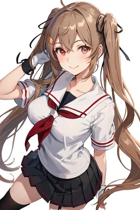 best quality, masterpiece, highres, solo, {murasame_kantaicollection:1.15}, long_hair, light_brown_hair, brown_eyes, red_eyes, ribbon, smile, serafuku, hair_ribbon, black_serafuku, breasts, twintails, two_side_up, hair_flaps, hair_ornament, 1girl, black_skirt, looking_at_viewer, neckerchief, red_neckerchief, school_uniform, skirt, pleated_skirt, simple_background, white_background, sailor_collar, short_sleeves, black_ribbon