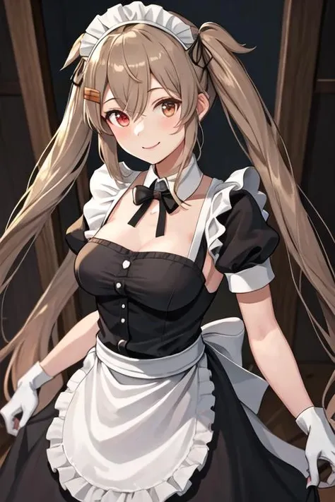 best quality, masterpiece, highres, solo, {maid:1.40}, {long maid dress:1.15}, {murasame_kantaicollection:1.15}, long_hair, light_brown_hair, brown_eyes, red_eyes, ribbon, smile, serafuku, hair_ribbon, black_serafuku, breasts, twintails, two_side_up, hair_flaps, hair_ornament