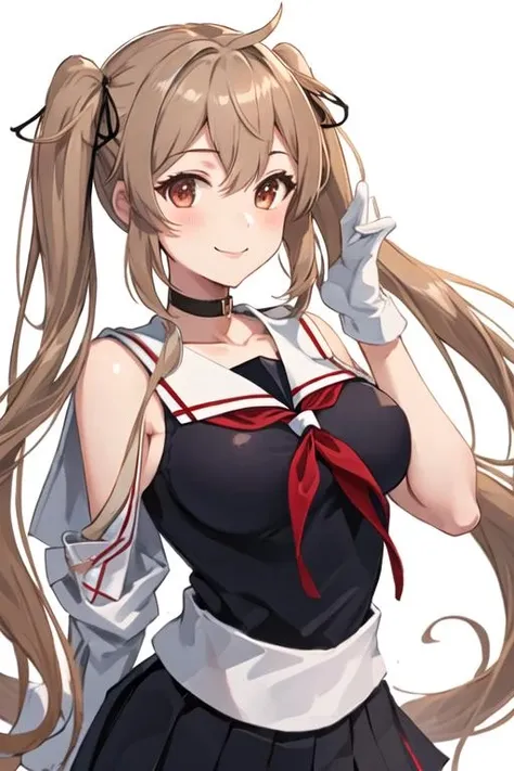 best quality, masterpiece, highres, solo, {murasame_kantaicollection:1.15}, long_hair, light_brown_hair, brown_eyes, red_eyes, ribbon, smile, serafuku, hair_ribbon, black_serafuku, breasts, twintails, two_side_up, hair_flaps, hair_ornament, 1girl, looking_at_viewer, school_uniform, simple_background, upper_body, white_background, sailor_collar, white_sailor_collar