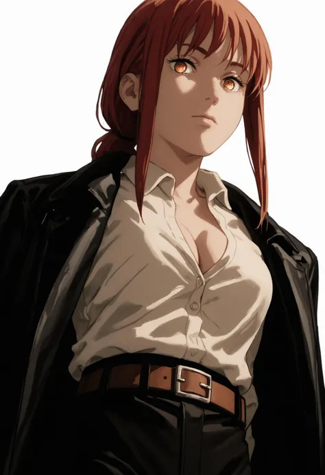 score_9, score_8_up, score_7_up, 1girl, mak1ma0, from below, looking at viewer, from side, red hair, long hair, ringed eyes, (cleavage:1.3), white collared shirt, thick thighs, sketch, belt, leather coat, black trousers,  <lora:mak1ma0XL_Pony_v1:1>  <lora:concept:.6> conceptart,white background,simple background, <lora:Expressive_H:.75> Expressiveh