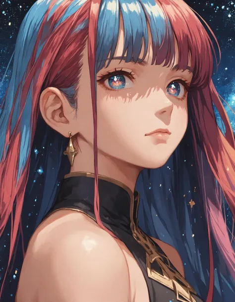 score_9, score_8_up, score_7_up, score_6_up, score_5_up, rating_questionable,  source_anime,  1girl, portrait, galaxy pupils, close up, multicolored hair, fringe, bare shoulders , upper body,