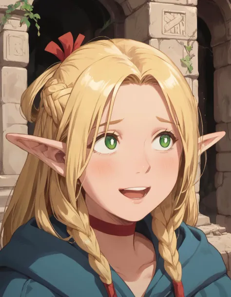 score_9, score_8_up, score_7_up, source_anime, rating_explicit, <lora:Marcille:1> , 1girl, marcilledonato, older, upper body, close-up, smiling,  upper teeth only, ruins, looking to the side,