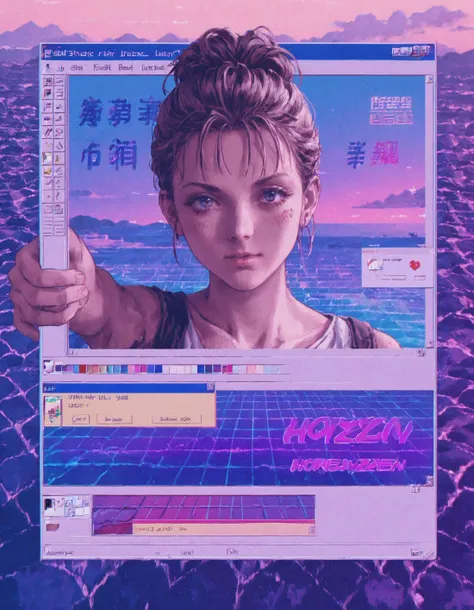 score_9, score_8_up, score_7_up, score_6_up,score_5_up,score_4_up, source_anime, 1girl, hair up,  <lora:win98XLP:1> win98, fake screenshot, 1990s \(style\), retrowave, official art, vaporwave, reflective clothes, streetwear, upper body,  reaching towards viewer,