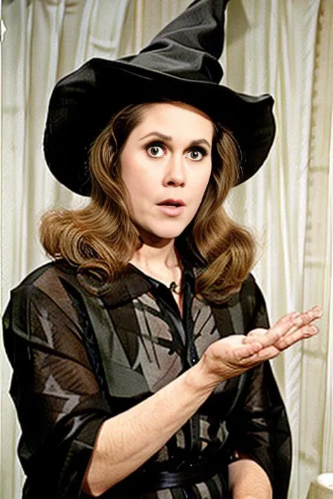 <lora:Bewitched:0.7>a perfect angle head shot close-up photo of SamanthaStephens, posing for the camera, wearing a black silk robe, (((pointy witch hat))), witch, witchcraft, black buckle on hat, black eyeshadow, black mascara, black eyeliner, angry expression, , evil, sinister, scary, rim light, fill light, deep shadows, spooky, (full moon in sky), (heavy intense lightning storm backdrop), dark clouds, realistic clouds, foggy background, bokeh, facing viewer, magazine cover, sharp focus, detailed, high quality, high resolution ,