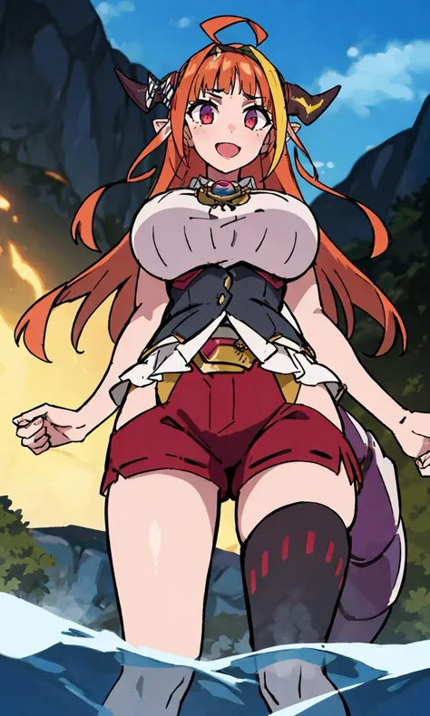 1girl, solo, from below, arms under breasts, river BREAK def3, mature female, milf, large breasts, dragon tail :D <lora:kiryu coco 5 outfits:0.9> <lora:thicker lines anime:1> <lora:anime screencap:0.7>