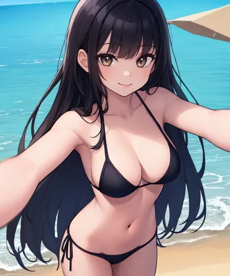 (masterpiece, best quality:1.2), 1girl, (groin:1.2), solo, long hair, breasts, looking at viewer, black hair, navel, bikini, water, sand, smile, standing, beach, selfie
<lora:bridgev2-000011r16:1>