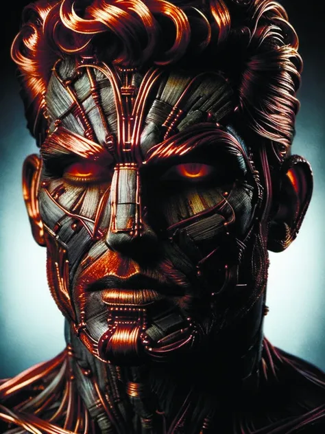 a wood carved face,hyperrealistic,Octane,pChAnczyr :,shadowrun :,Guido Borelli :,background is an old rusty wire fence,by diegocr,ral-copperwire <lora:ral-copperwire-sdxl:0.8>,ral-embrglt <lora:ral-embrglt-sdxl:0.7>