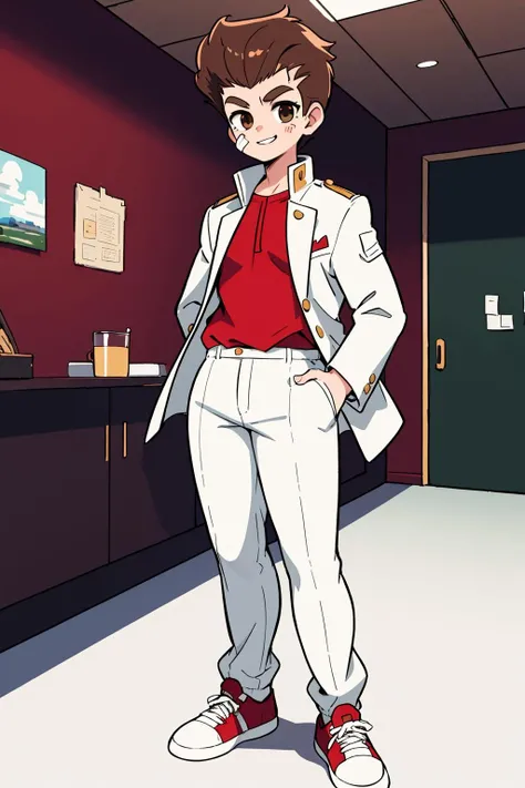 (masterpiece, best quality, highres:1.2),  (kunio-kun:1.25), 1boy, brown hair, pompadour, thick eyebrows, brown eyes, solo, white jacket, red shirt, white pants, shoes, [bandaid on face:0.3], smile, simple background, indoors, standing, full body <lora:kuniotest:0.8>