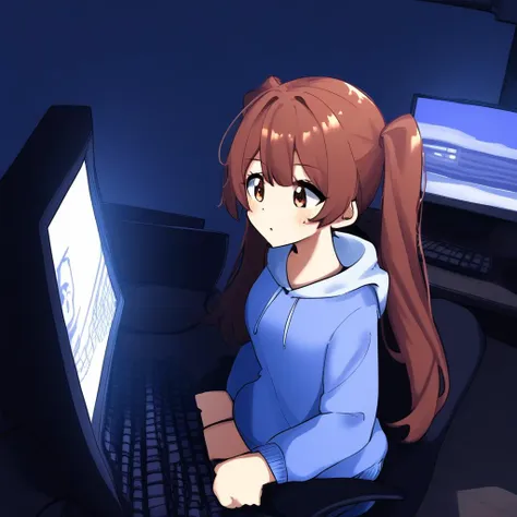 auburn-brown hair, long hair, twintails, auburn-brown eyes, medium-sized chest, hoodie, sitting on chair, computer, monitor (computer), keyboard (computer), playing video games, bedroom, window, night time