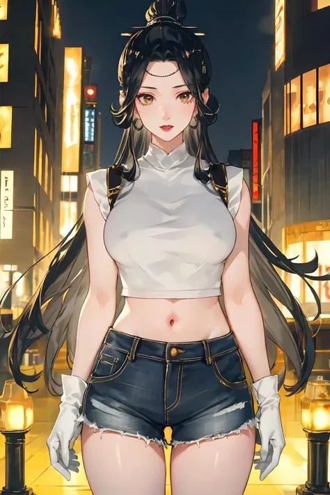 masterpiece, best quality, ultra-detailed, glistening shiny, glowing light, ray tracing, HDR, deph of field, (perfect face, detailed face), 1girl, solo, , lingwen, (mature female:1.3), very long hair, single hair bun, hair ornament, crop top, denim shorts, gloves, standing, cowboy shot, city, <lora:LingWen:0.8>