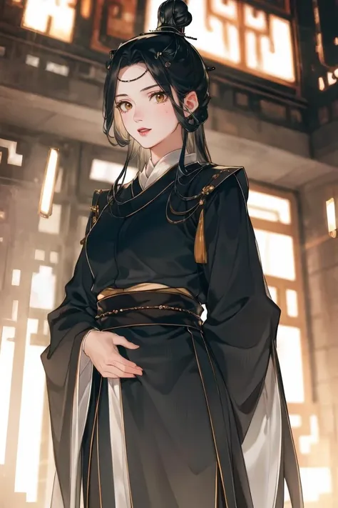 masterpiece, best quality, ultra-detailed, glistening shiny, glowing light, ray tracing, HDR, deph of field, (perfect face, detailed face), <lora:LingWen:0.7>, lingwen, long hair, single hair bun, hair ornament, chinese clothes, robe, standing, cowboy shot