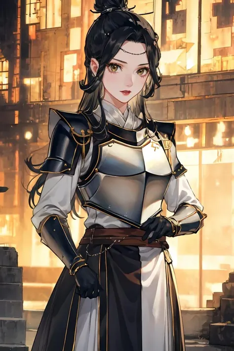 masterpiece, best quality, ultra-detailed, glistening shiny, glowing light, ray tracing, HDR, deph of field, (perfect face, detailed face), 1girl, solo, <lora:LingWen:0.8>, lingwen, very long hair, single hair bun, hair ornament, full body armor, (breastplate:1.4), chainmail, standing, cowboy shot