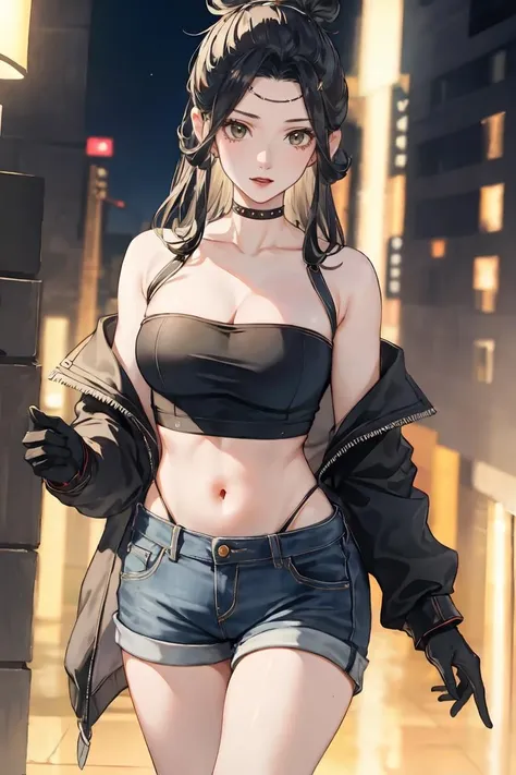 masterpiece, best quality, ultra-detailed, glistening shiny, glowing light, ray tracing, HDR, deph of field, (perfect face, detailed face), 1girl, solo, , lingwen, (mature female:1.3), very long hair, single hair bun, hair ornament, crop top, denim shorts, bare shoulders, strapless, gloves, standing, cowboy shot, night street,  <lora:LingWen:0.8>