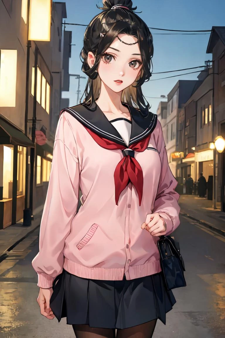masterpiece, best quality, ultra-detailed, glistening shiny, glowing light, ray tracing, HDR, deph of field, (perfect face, detailed face), 1girl, solo, , lingwen, very long hair, single hair bun, hair ornament, school uniform, pink jacket, (serafuku:1.4), skirt, pantyhose, standing, cowboy shot, night street, <lora:LingWen:0.8>