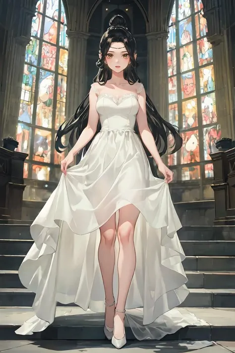 masterpiece, best quality, ultra-detailed, glistening shiny, glowing light, ray tracing, HDR, deph of field, (perfect face, detailed face), 1girl, solo, , lingwen, very long hair, single hair bun, hair ornament, wedding dress, bare legs, long dress, standing, full body, cathedrall,  <lora:LingWen:0.8>