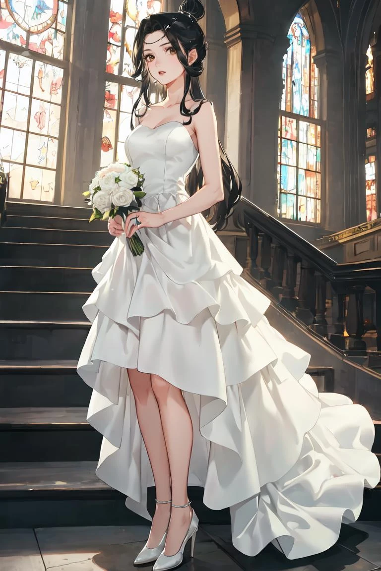 masterpiece, best quality, ultra-detailed, glistening shiny, glowing light, ray tracing, HDR, deph of field, (perfect face, detailed face), 1girl, solo, , lingwen, very long hair, single hair bun, hair ornament, (wedding dress, long dress, layered dress, bare legs), standing, full body, cathedrall, <lora:LingWen:0.8>