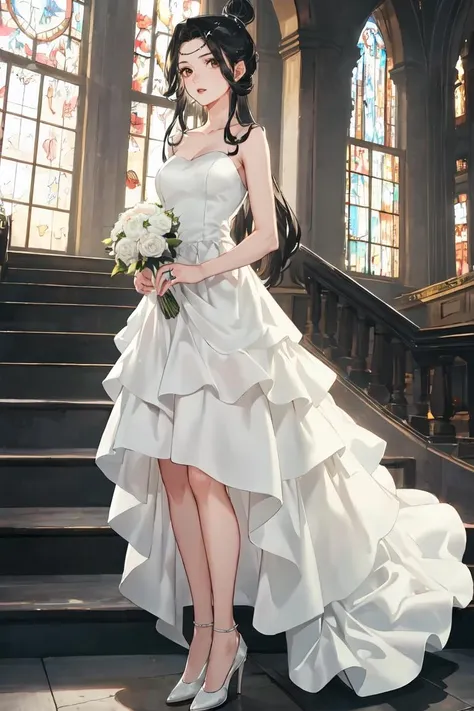 masterpiece, best quality, ultra-detailed, glistening shiny, glowing light, ray tracing, HDR, deph of field, (perfect face, detailed face), 1girl, solo, , lingwen, very long hair, single hair bun, hair ornament, (wedding dress, long dress, layered dress, bare legs), standing, full body, cathedrall,  <lora:LingWen:0.8>