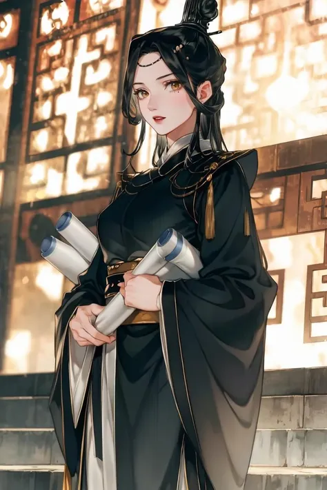 masterpiece, best quality, ultra-detailed, glistening shiny, glowing light, ray tracing, HDR, deph of field, (perfect face, detailed face), <lora:LingWen:0.8>, lingwen, long hair, single hair bun, hair ornament, chinese clothes, robe, holding, scrolls, standing, cowboy shot