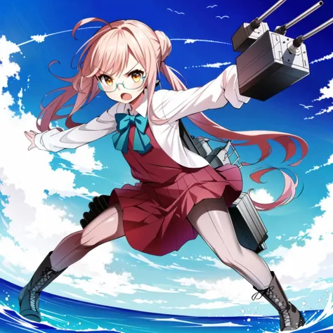 masterpiece, best quality, (1girl, solo),
makigumo, 1girl, makigumo (kancolle), solo, glasses, pantyhose, sleeves past wrists, sleeves past fingers, pink hair, yellow eyes, ahoge, full body, twintails, boots, long hair, open mouth, long sleeves, school uniform, rabbit, cross-laced footwear, hair bun, machinery, turret, lace-up boots, shirt, angry, (chibi),
<lora:MakiGumo:0.65>
((( ocean, cowboy shot, dynamic pose, fighting stance)))
