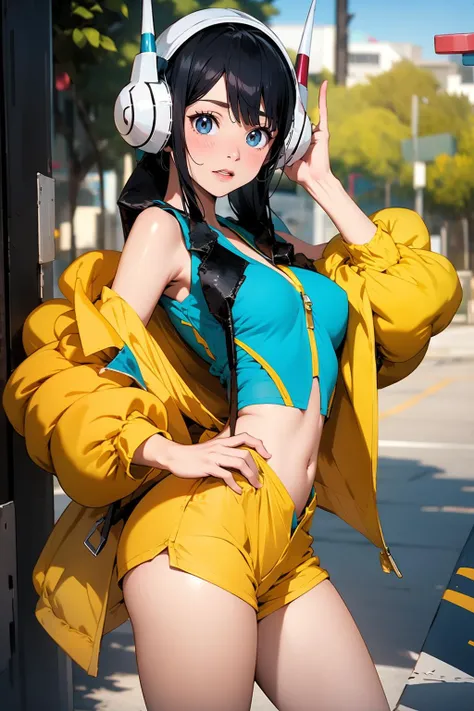 1girl,solo,medium breasts,outdoors,<lora:GoodHands-beta2:1>,standing,ruanyi0265,elesa \(pokemon\),yellow jacket,<lora:0265 pokemon elesa fan costume_v2:0.9>,shorts,poke ball,headphones,(cowboy shot:1.3),, best quality,masterpiece,highres,official art,extremely detailed cg unity 8k wallpaper