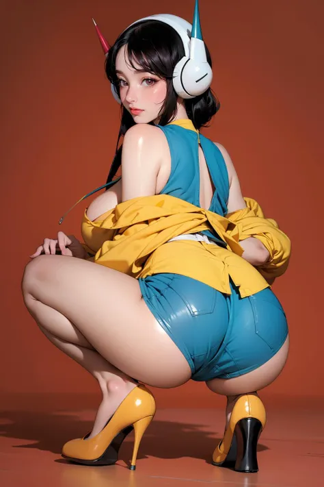 cute American model with stunning 3D resolution 12K character in [gritty Hip-Hop] Noodle Gorillaz style, [squatting], panties, [wearing leather jacket], elaborate clothing, big breasts, big ass, hourglass body, headphones, suspenders, big grate glasses, long curly dark hair, [shows butt], looks at viewer, smile, bags of dollar bills, chibi in detailed, background detailed graffiti, highly detailed, bright colors, ultra high quality, Hyperrealism, Photorealism, [octane rendering].
