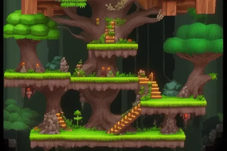 A platform game jungle, trees, blocks, rocks, chests, leathers, sideScroller, <lora:PlatformGame:1> platformer, sidescroller, gameplay, by eme, plant, stairs,
simple background, white background,